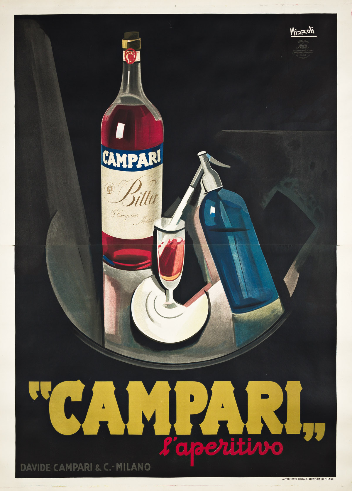MARCELLO NIZZOLI (1887-1969).  CAMPARI / LAPERITIVO. 1926. 76x54½ inches, 193x138½ cm. Star, Milan.